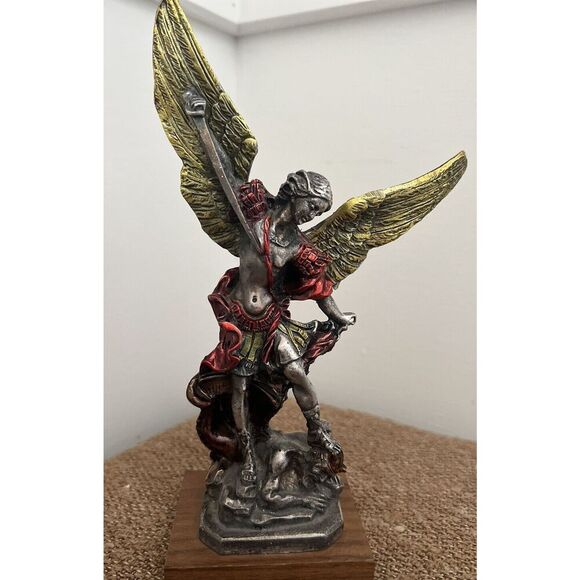 The Christian World Pewter & Enamel St. Michael Archangel Statue on Wood Base - Picture 2 of 7